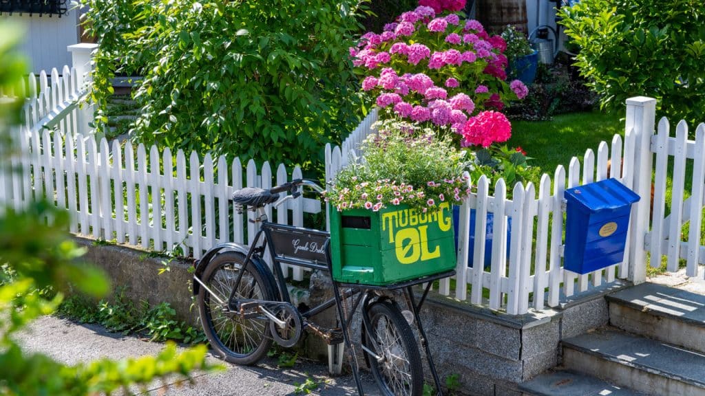 Trehus og en sykkel i Drøbak som har en blomsterkasse på seg