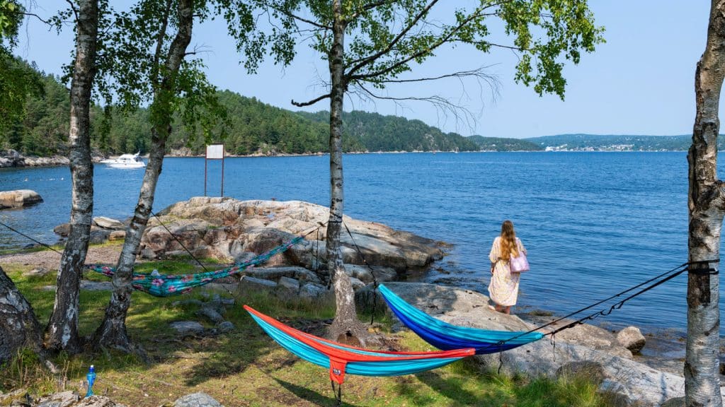 Dame som ser på fjordutsikten og fargerike hengekøyer som henger i trærne