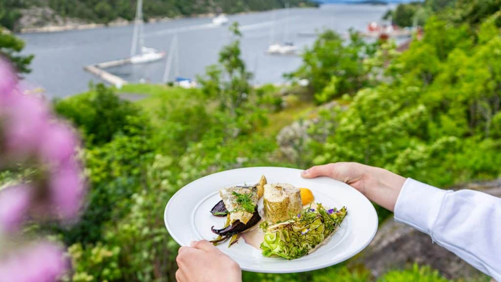 Matrett av torsk og kål med utsikt i bakgrunnen av fjorden