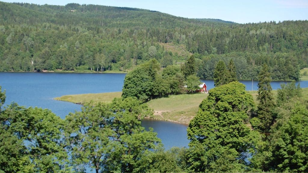 Utsikt over semsvannet i bakgrunnen ser man et lite rødt hus mellom trærne