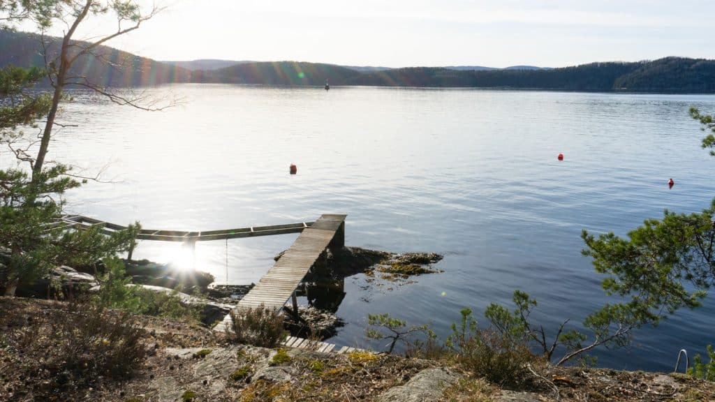 Brygge og fjord i solskinn